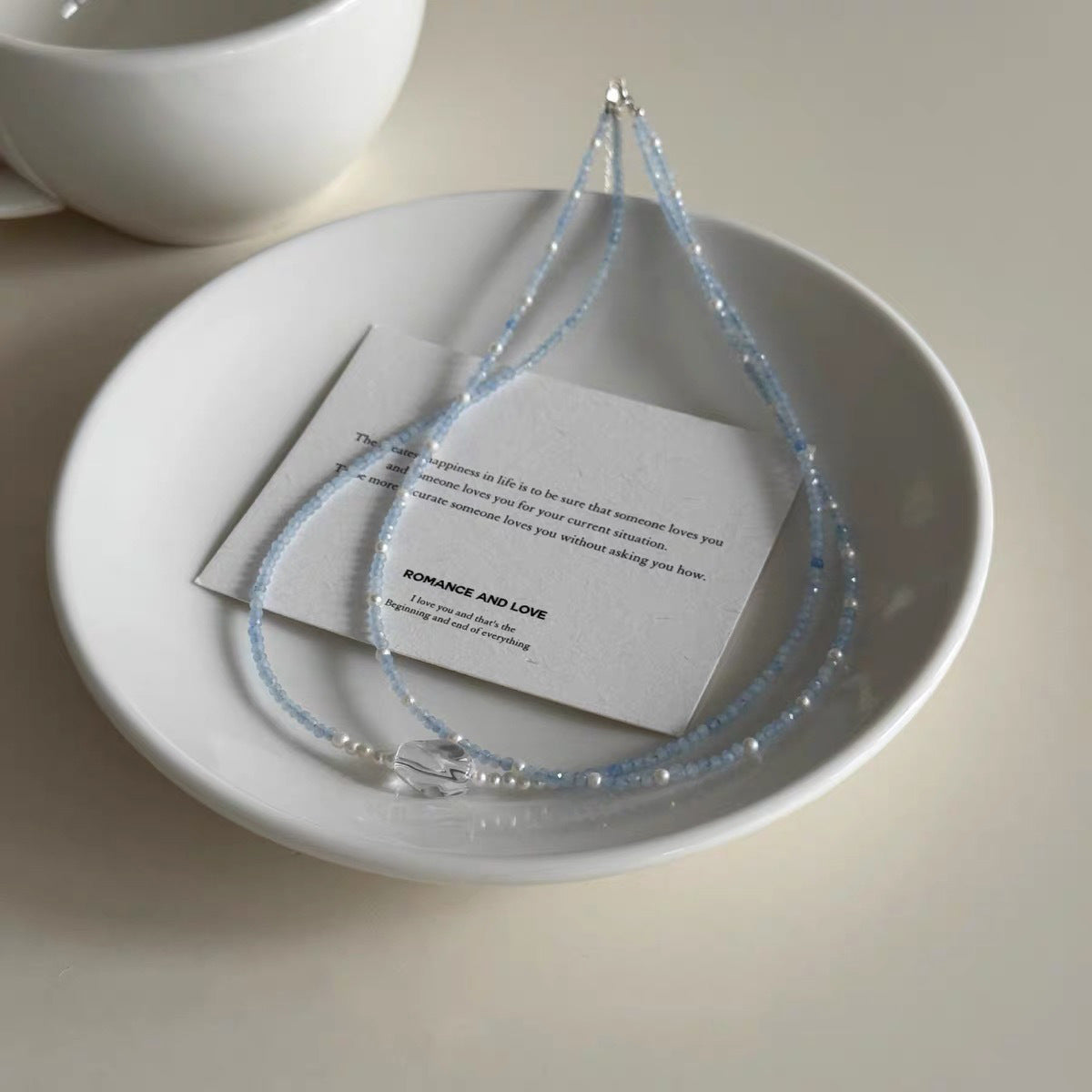 Sweet Double Layer Necklace For Women In 925 Sterling Silver With Beaded Chain And March Birthstone Aquamarine Inlay