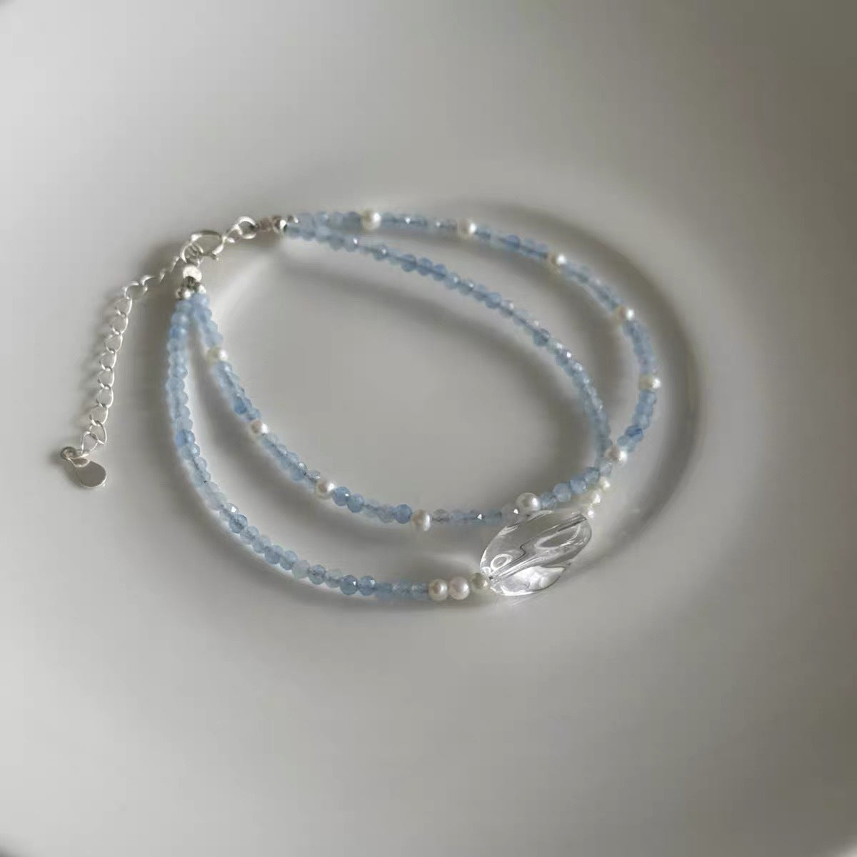 Sweet Double Layer Necklace For Women In 925 Sterling Silver With Beaded Chain And March Birthstone Aquamarine Inlay