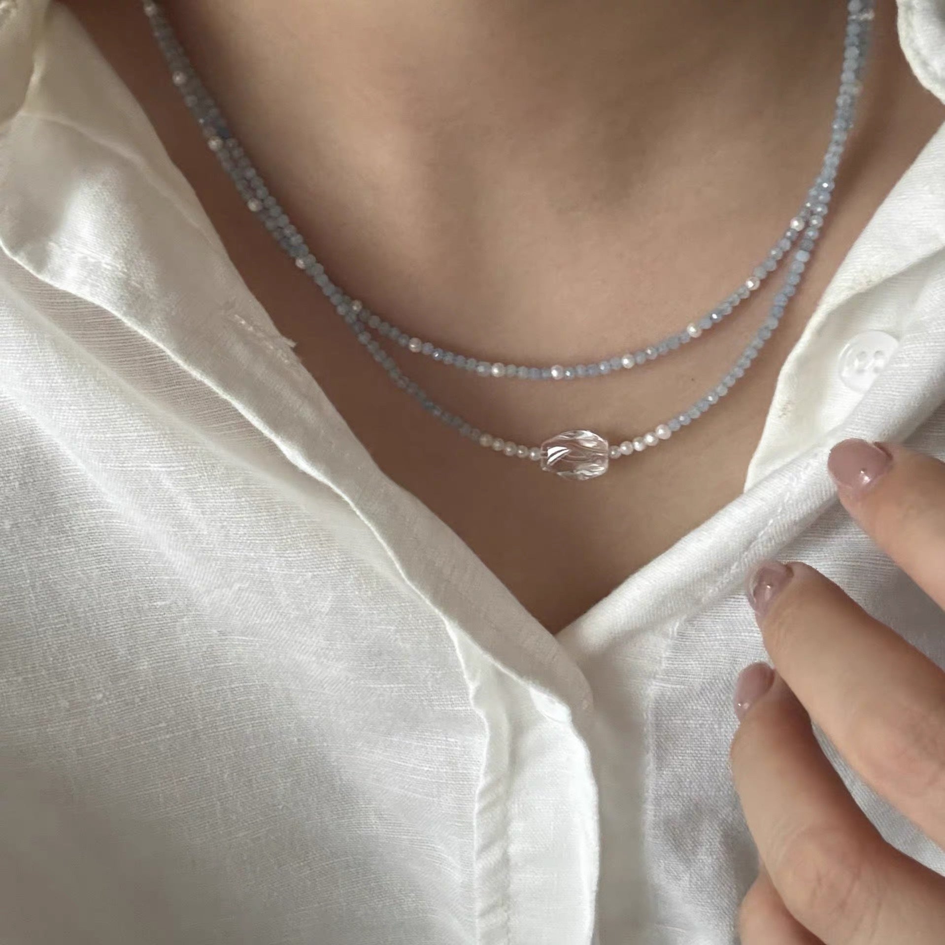 Sweet Double Layer Necklace For Women In 925 Sterling Silver With Beaded Chain And March Birthstone Aquamarine Inlay