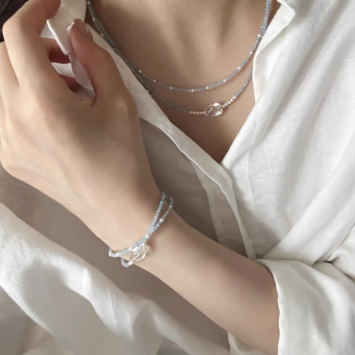 Sweet Double Layer Necklace For Women In 925 Sterling Silver With Beaded Chain And March Birthstone Aquamarine Inlay