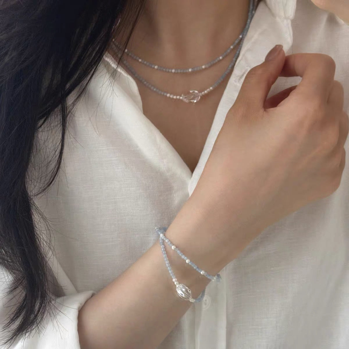 Sweet Double Layer Necklace For Women In 925 Sterling Silver With Beaded Chain And March Birthstone Aquamarine Inlay