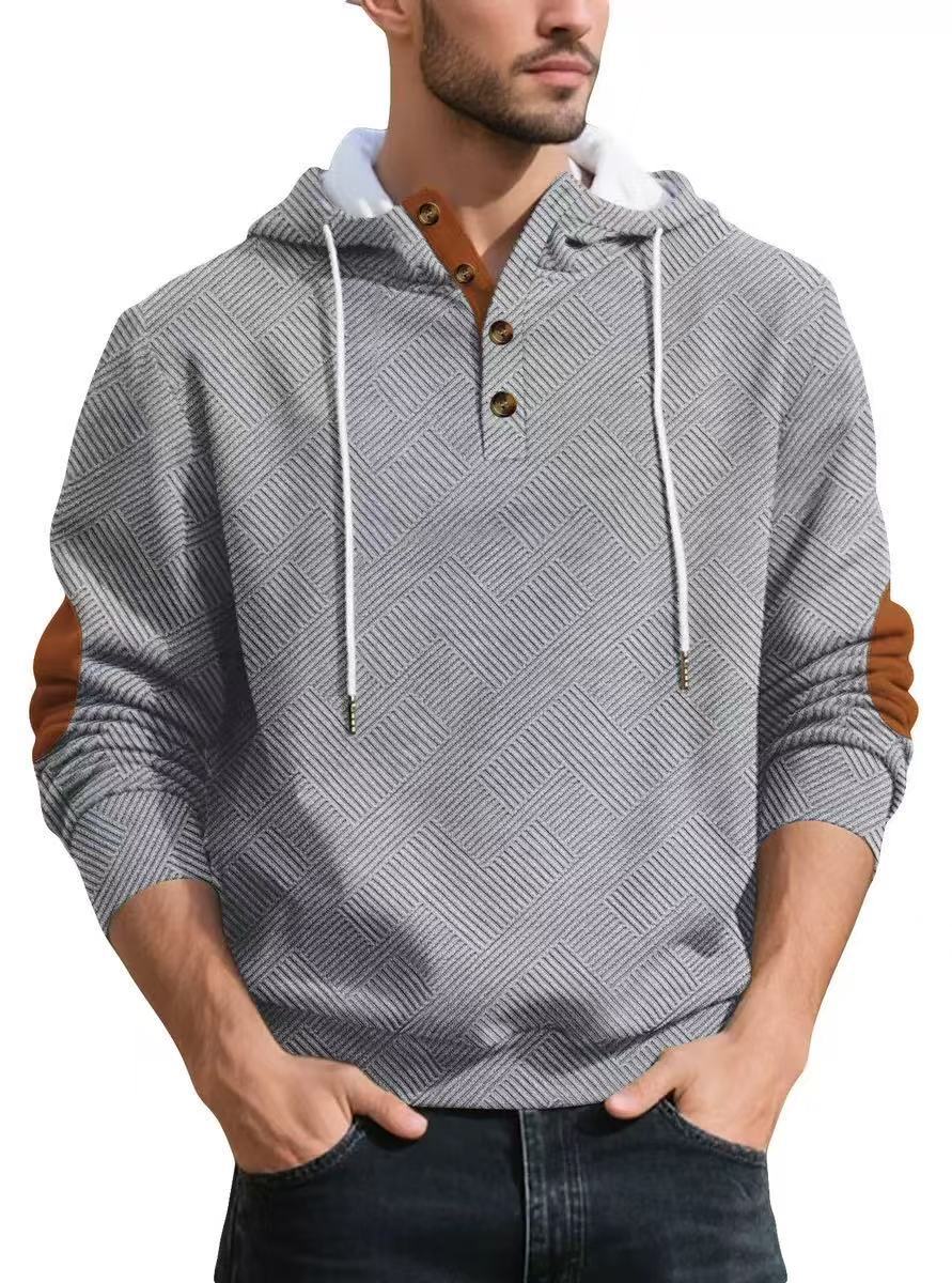 Men's Grey Plaid Long Sleeve Casual Hoodie In Polyester Fabric