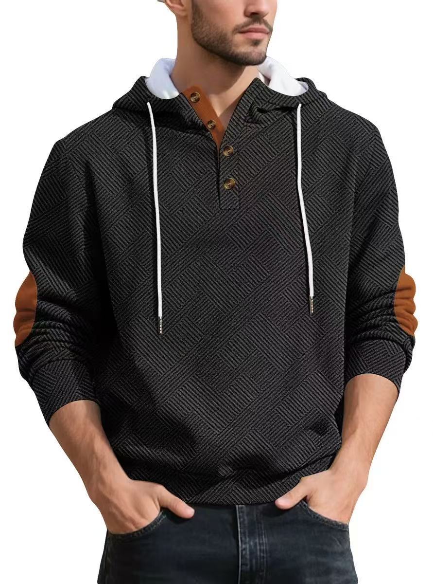 Men's Grey Plaid Long Sleeve Casual Hoodie In Polyester Fabric