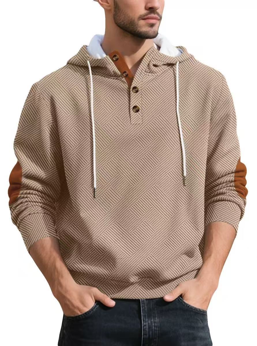 Men's Grey Plaid Long Sleeve Casual Hoodie In Polyester Fabric
