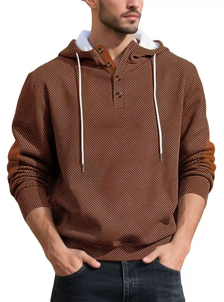 Men's Grey Plaid Long Sleeve Casual Hoodie In Polyester Fabric
