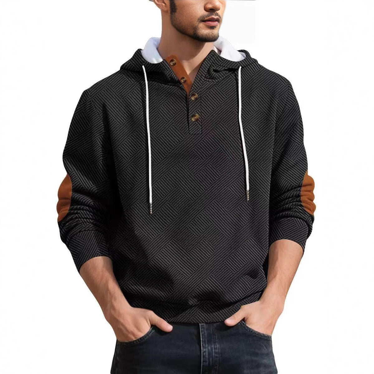 Men's Grey Plaid Long Sleeve Casual Hoodie In Polyester Fabric