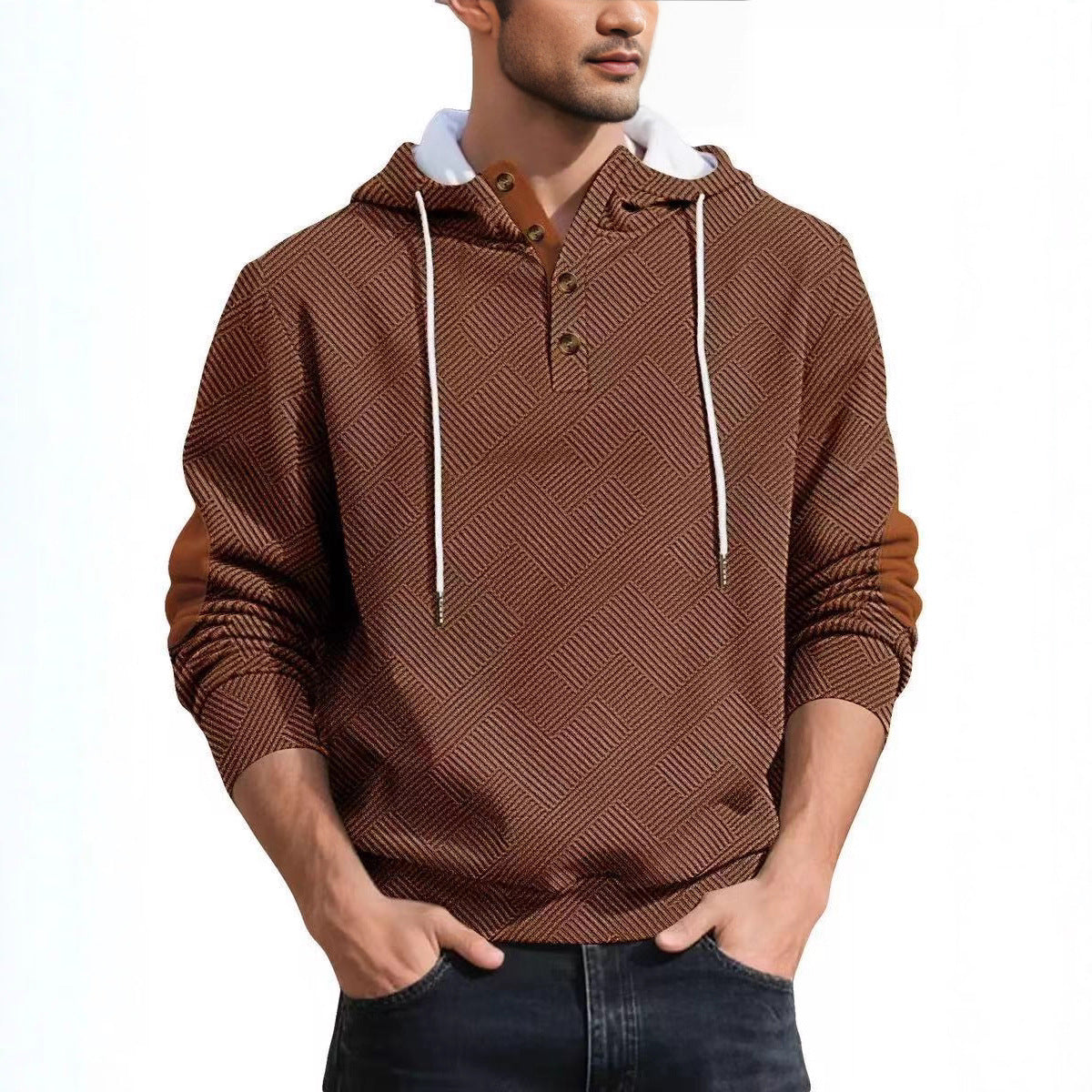 Men's Grey Plaid Long Sleeve Casual Hoodie In Polyester Fabric