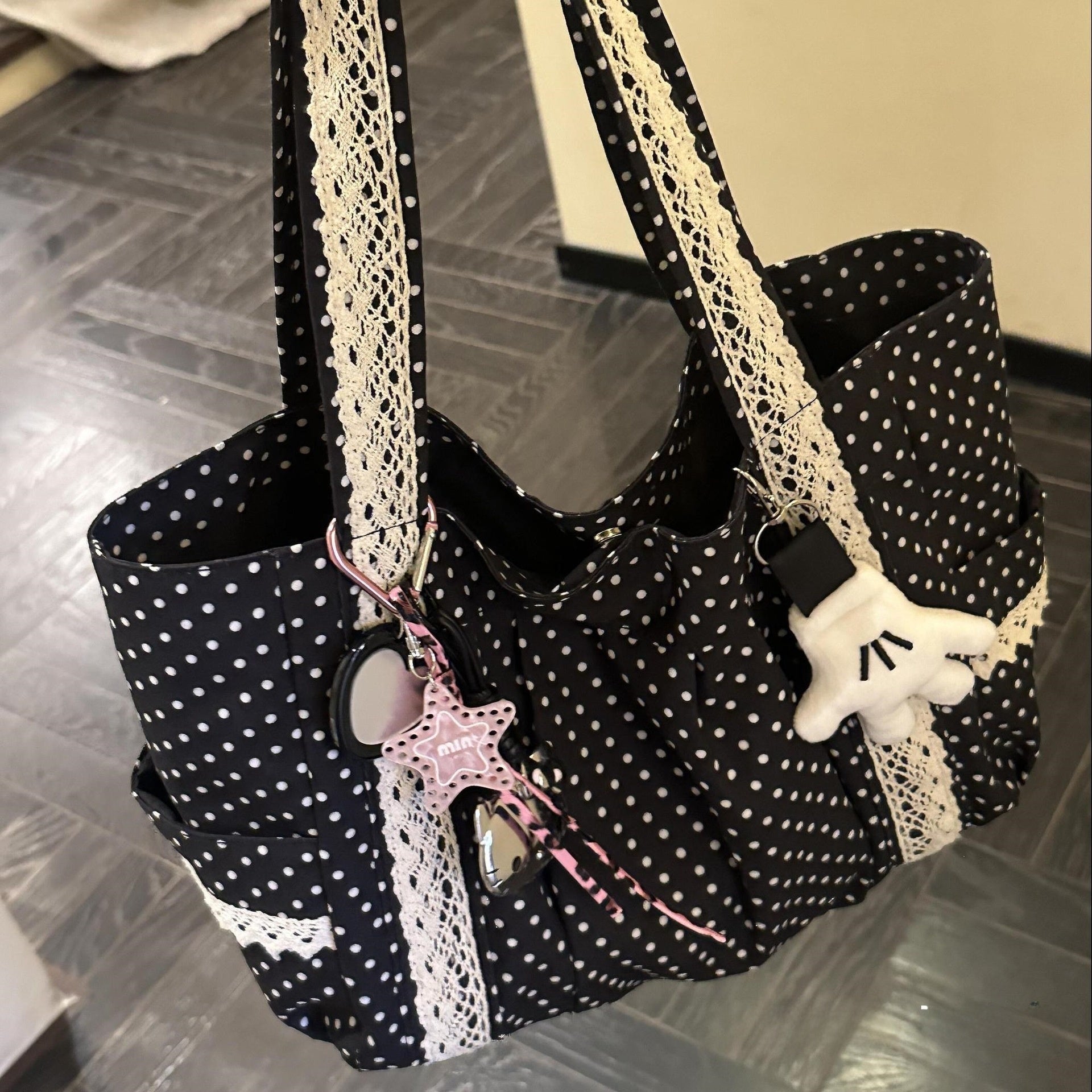 Canvas Polka Dots Square Tote Bag With Lace, Large Capacity, Single Shoulder Strap For Women