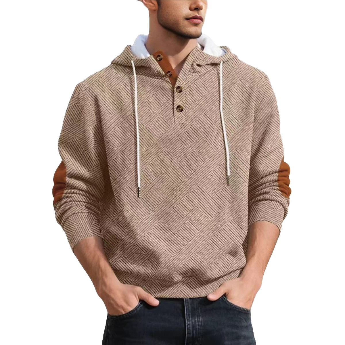 Men's Grey Plaid Long Sleeve Casual Hoodie In Polyester Fabric