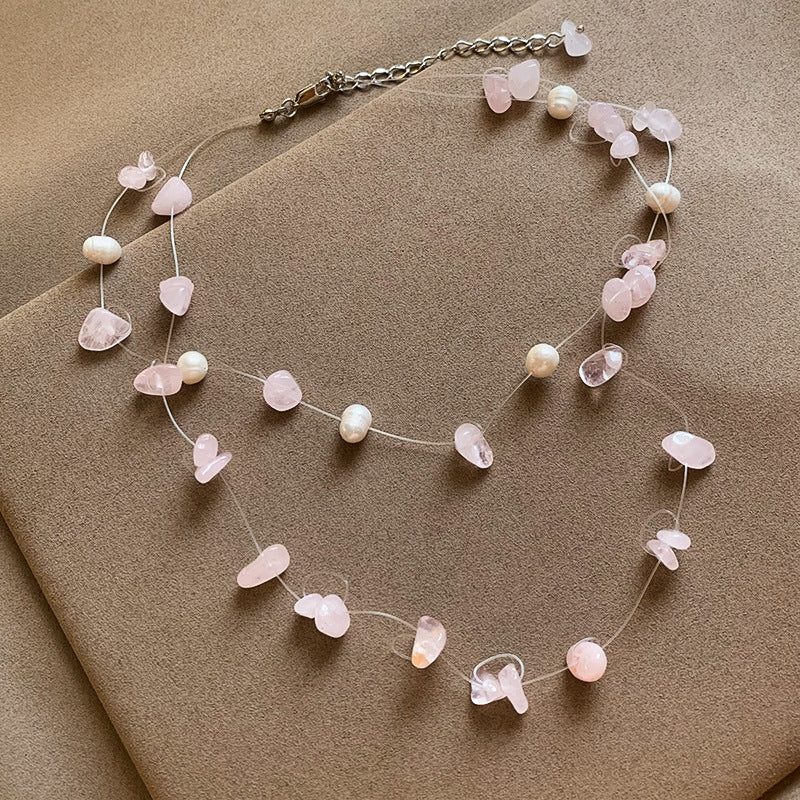 Marine Style Pearl Beaded Choker Necklace For Women With Natural Stone Pendant In Copper