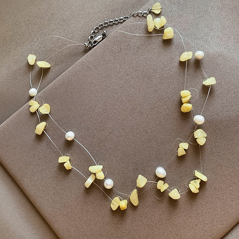 Marine Style Pearl Beaded Choker Necklace For Women With Natural Stone Pendant In Copper