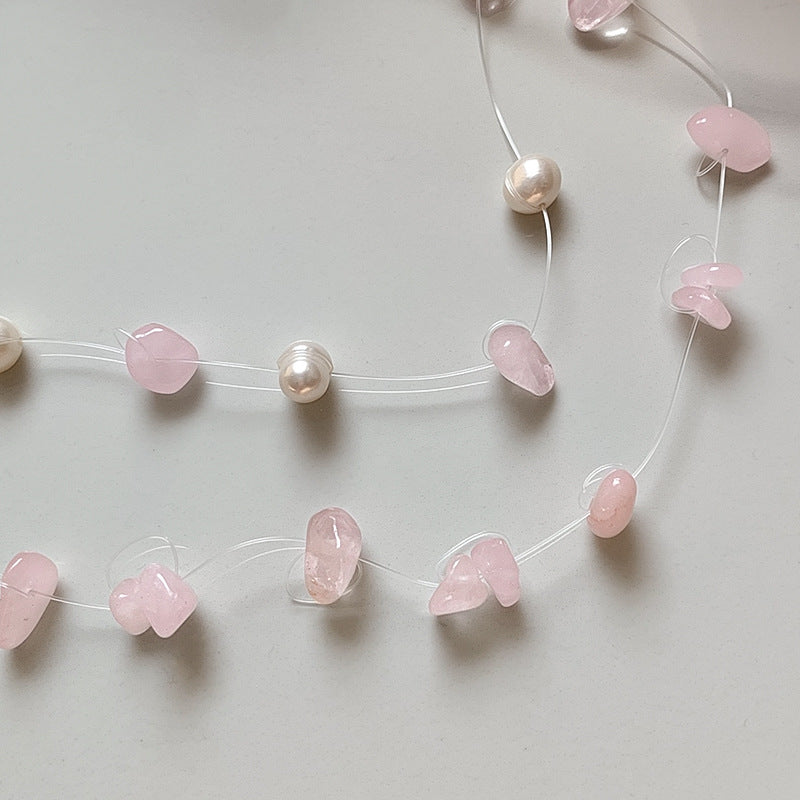 Marine Style Pearl Beaded Choker Necklace For Women With Natural Stone Pendant In Copper