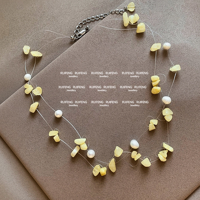 Marine Style Pearl Beaded Choker Necklace For Women With Natural Stone Pendant In Copper