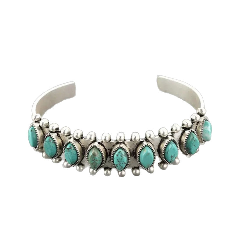 Bohemian Geometric Silver Metal Bangle For Women With Turquoise Inlay