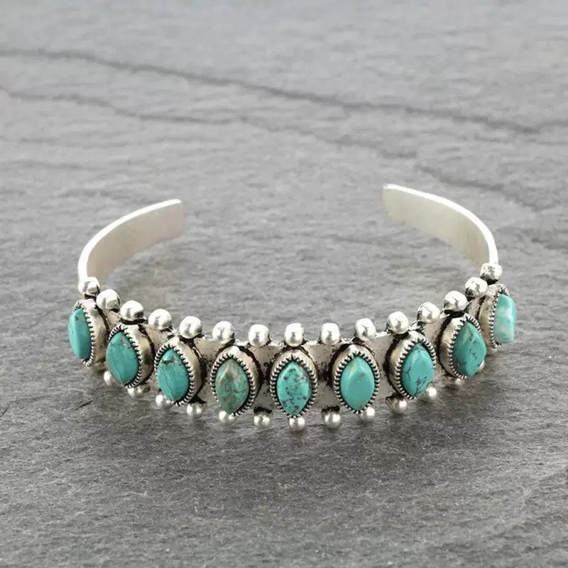 Bohemian Geometric Silver Metal Bangle For Women With Turquoise Inlay