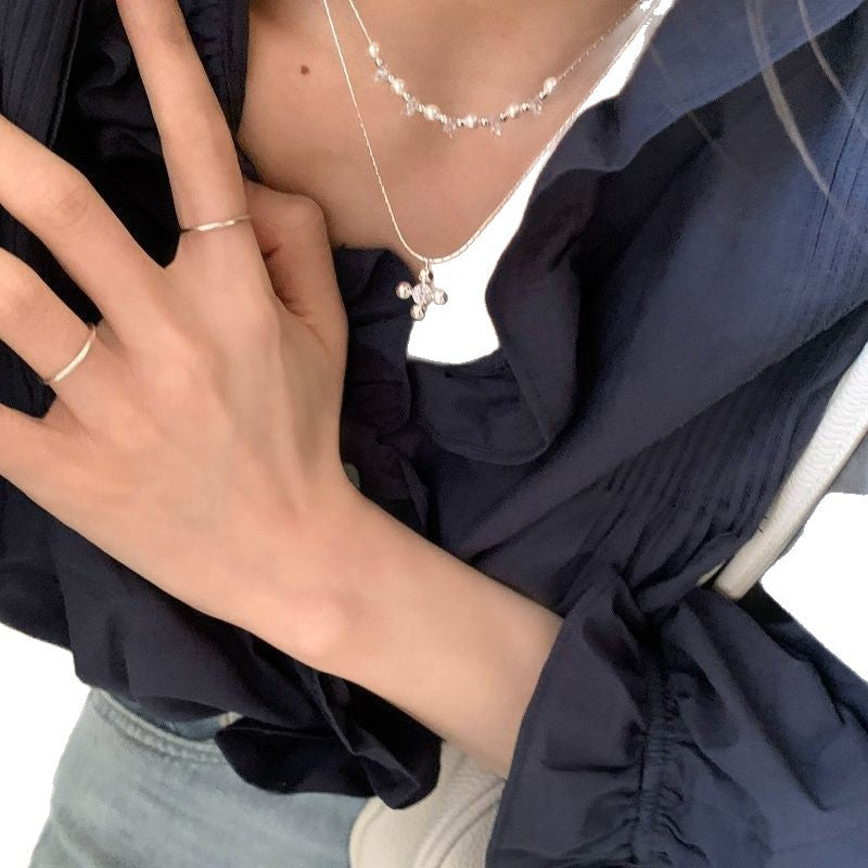 Double Layer Flowers Necklace For Women With Electroplated Finish And Alloy Pendant Featuring Rhinestones In Acrylic Material