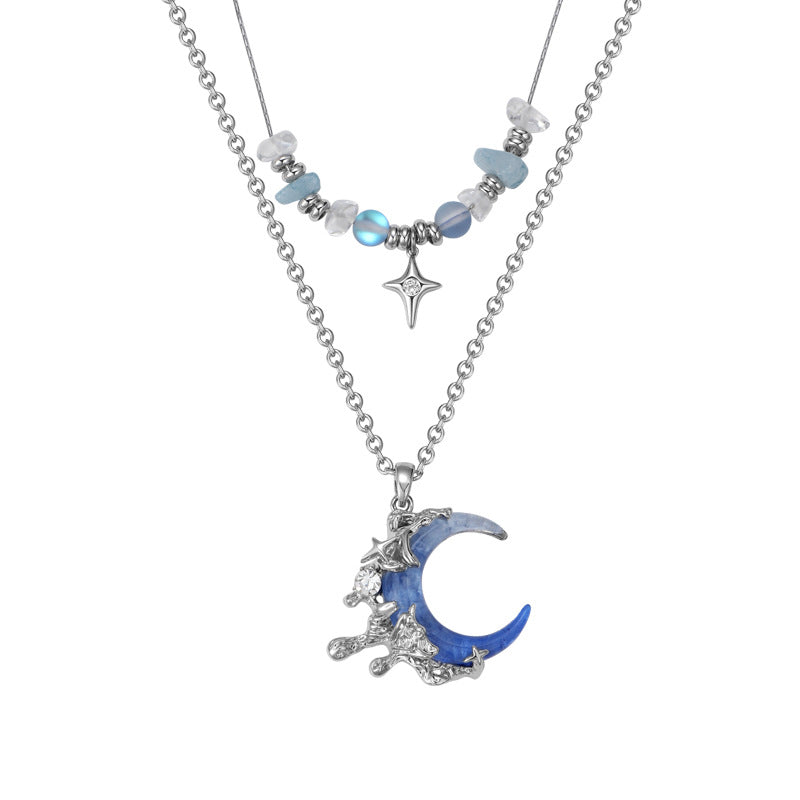 Blue Moon Double Layer Necklace For Women With Alloy Pendant, Perfect Holiday Jewelry