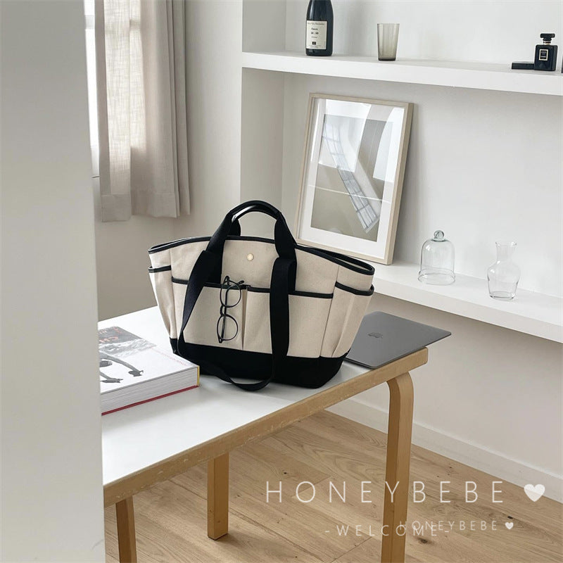 Color Block Square Canvas Diaper Backpack For Women With Single Shoulder Strap, Ideal For Summer