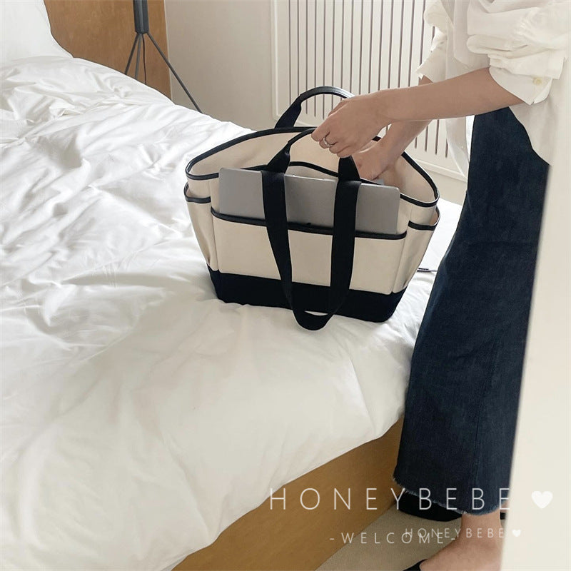 Color Block Square Canvas Diaper Backpack For Women With Single Shoulder Strap, Ideal For Summer