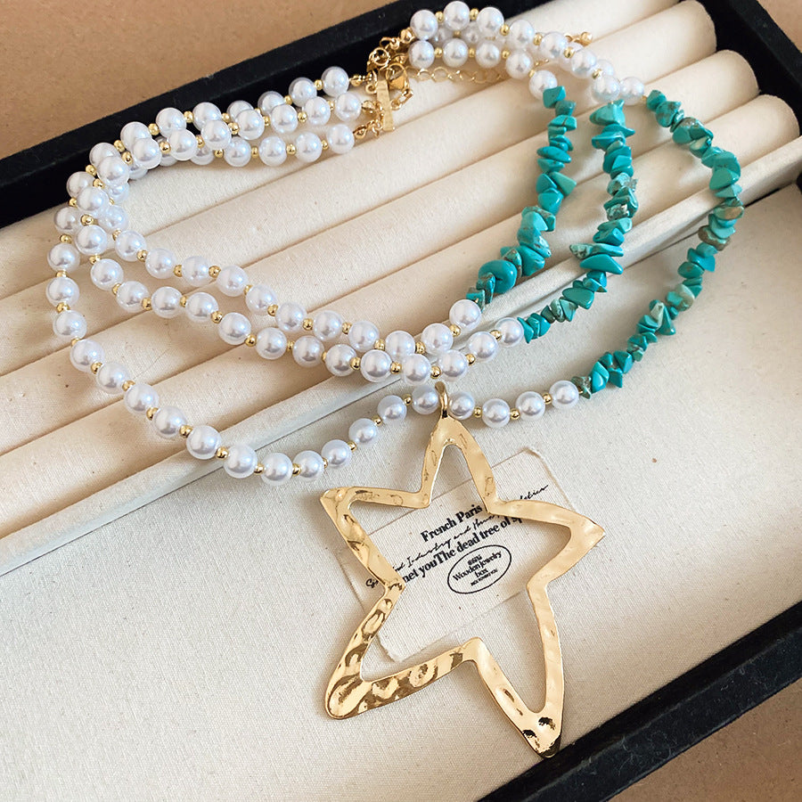 Gold Star Necklace In Marine Style With Electroplated Finish And Alloy Pendant For Women Featuring Imitation Pearl