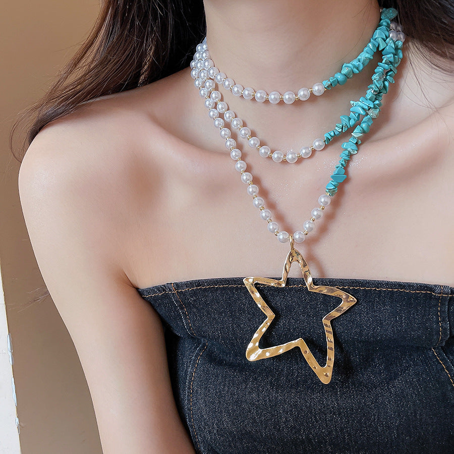 Gold Star Necklace In Marine Style With Electroplated Finish And Alloy Pendant For Women Featuring Imitation Pearl