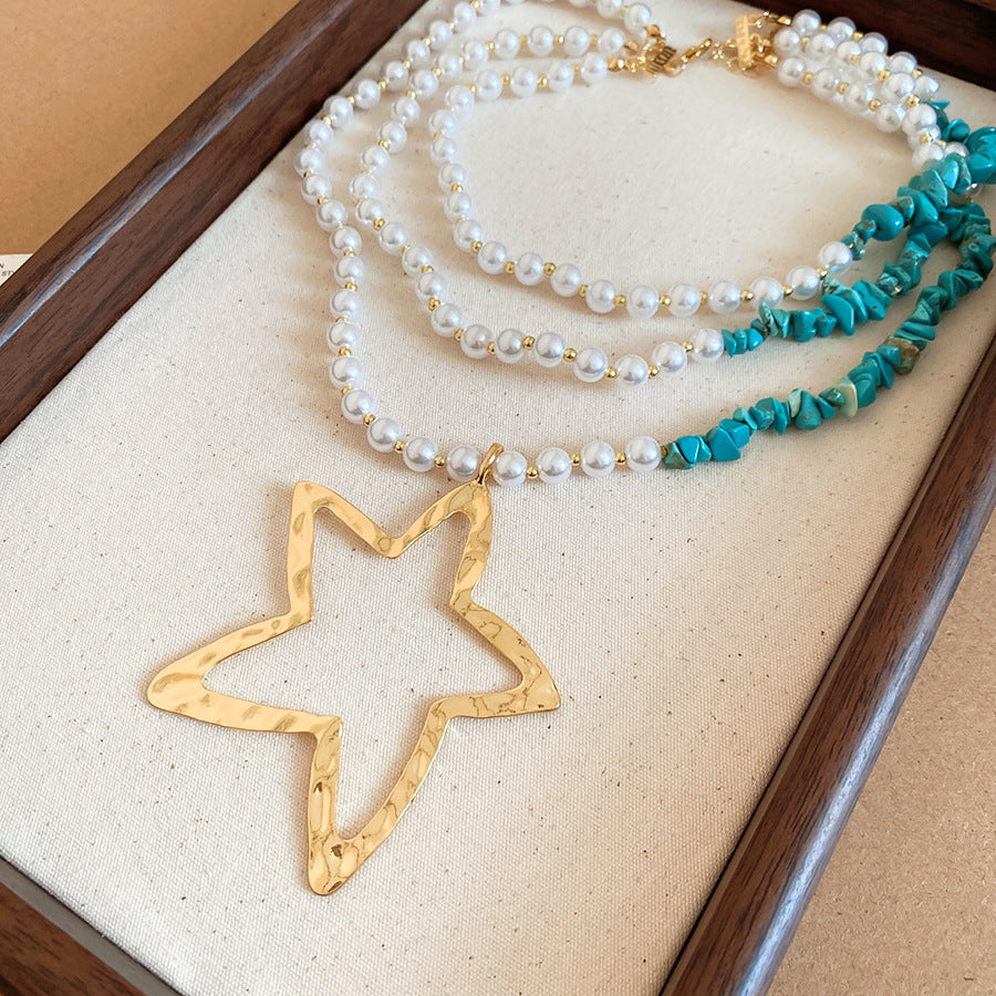 Gold Star Necklace In Marine Style With Electroplated Finish And Alloy Pendant For Women Featuring Imitation Pearl