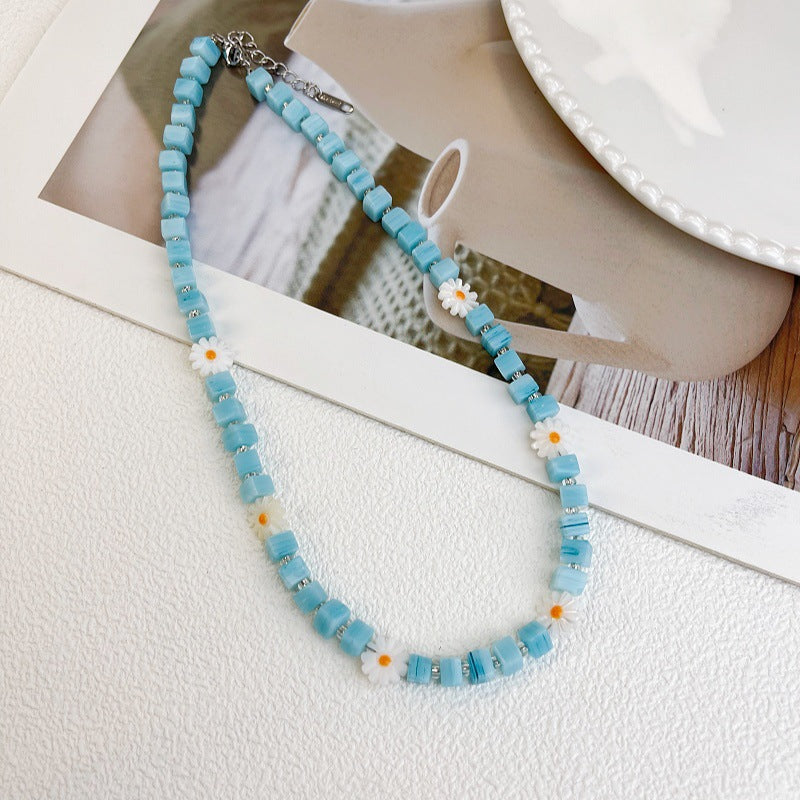 Daisy Beaded Glass Necklace For Women In Marine Style With Blue Beaded Chain