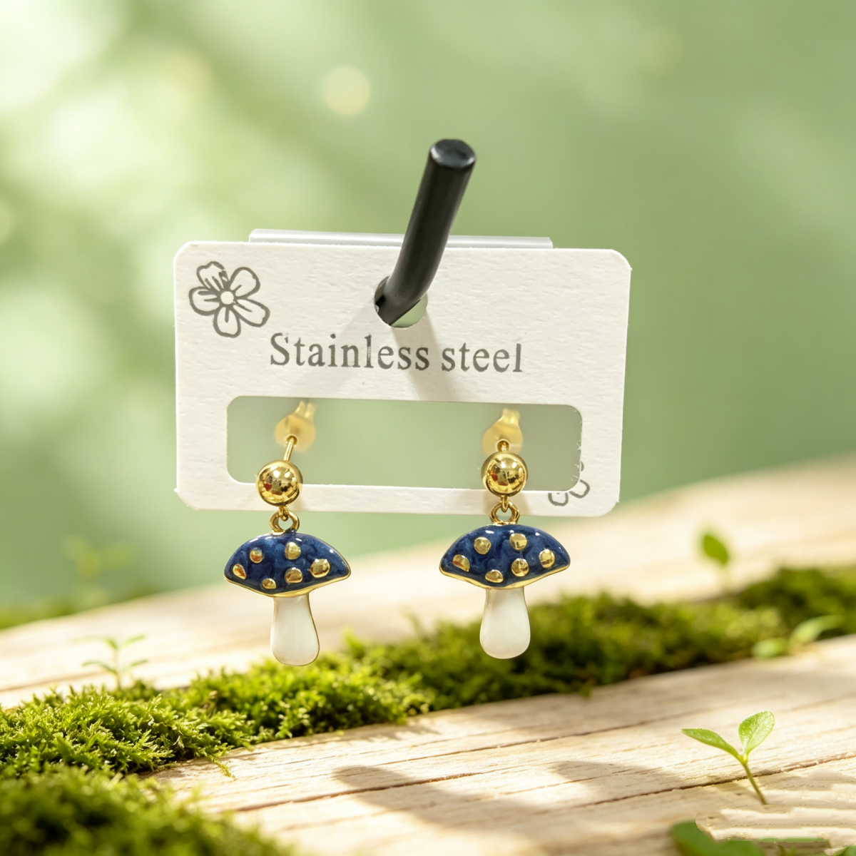Hypoallergenic Mushroom Stud Earrings In Pastoral Style, Unisex 304 Stainless Steel With 18K Real Gold Plated Coating 0.03µm-0.05µm
