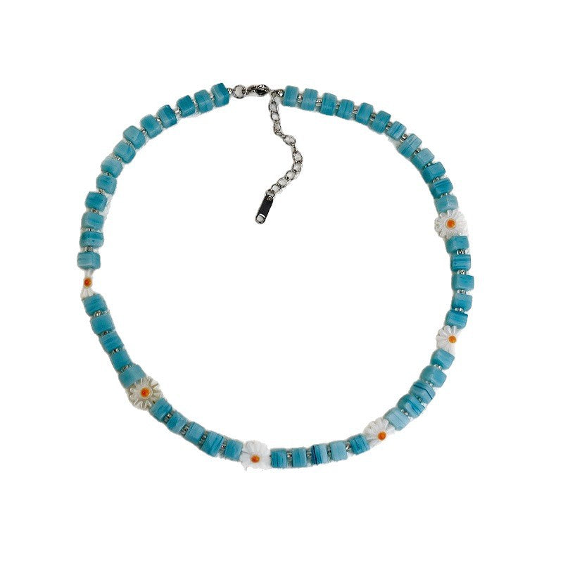 Daisy Beaded Glass Necklace For Women In Marine Style With Blue Beaded Chain