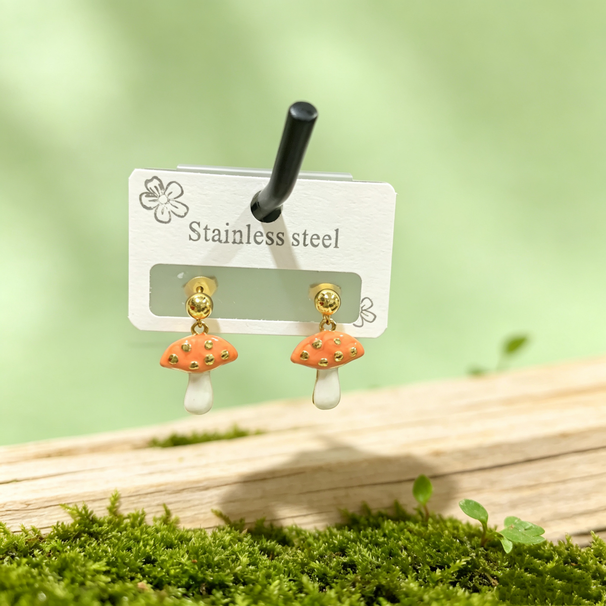 Hypoallergenic Mushroom Stud Earrings In Pastoral Style, Unisex 304 Stainless Steel With 18K Real Gold Plated Coating 0.03µm-0.05µm