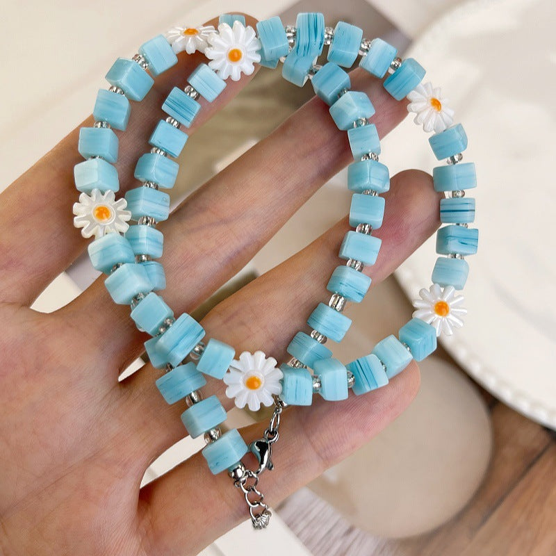 Daisy Beaded Glass Necklace For Women In Marine Style With Blue Beaded Chain