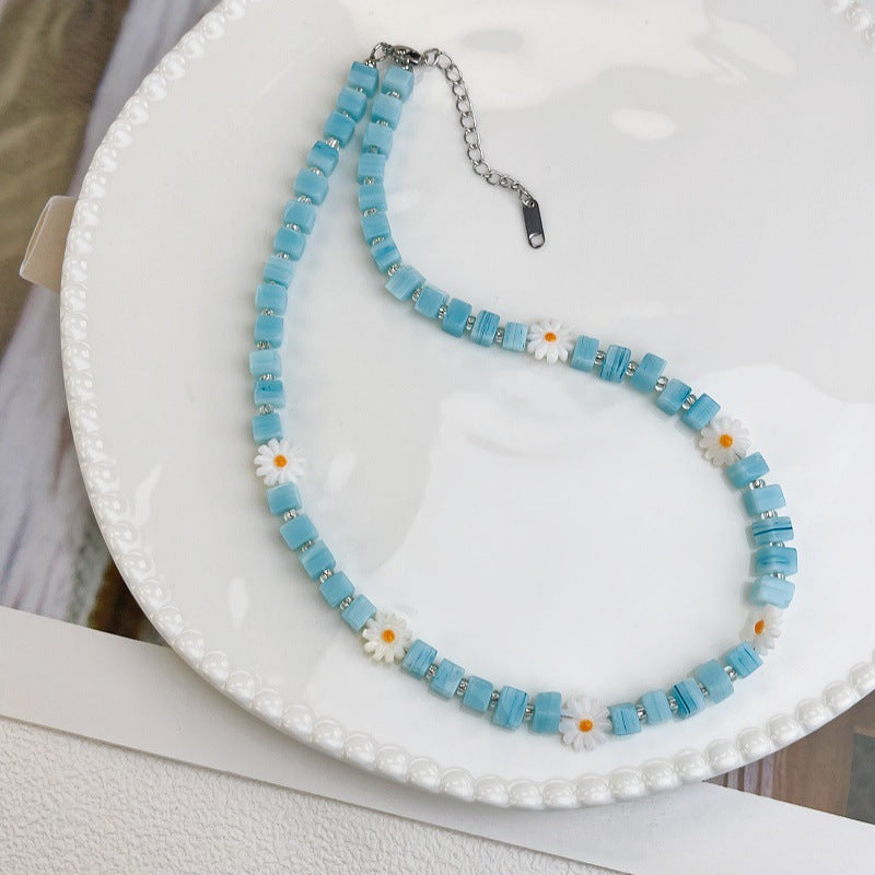Daisy Beaded Glass Necklace For Women In Marine Style With Blue Beaded Chain