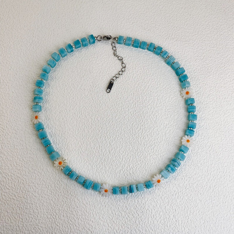 Daisy Beaded Glass Necklace For Women In Marine Style With Blue Beaded Chain