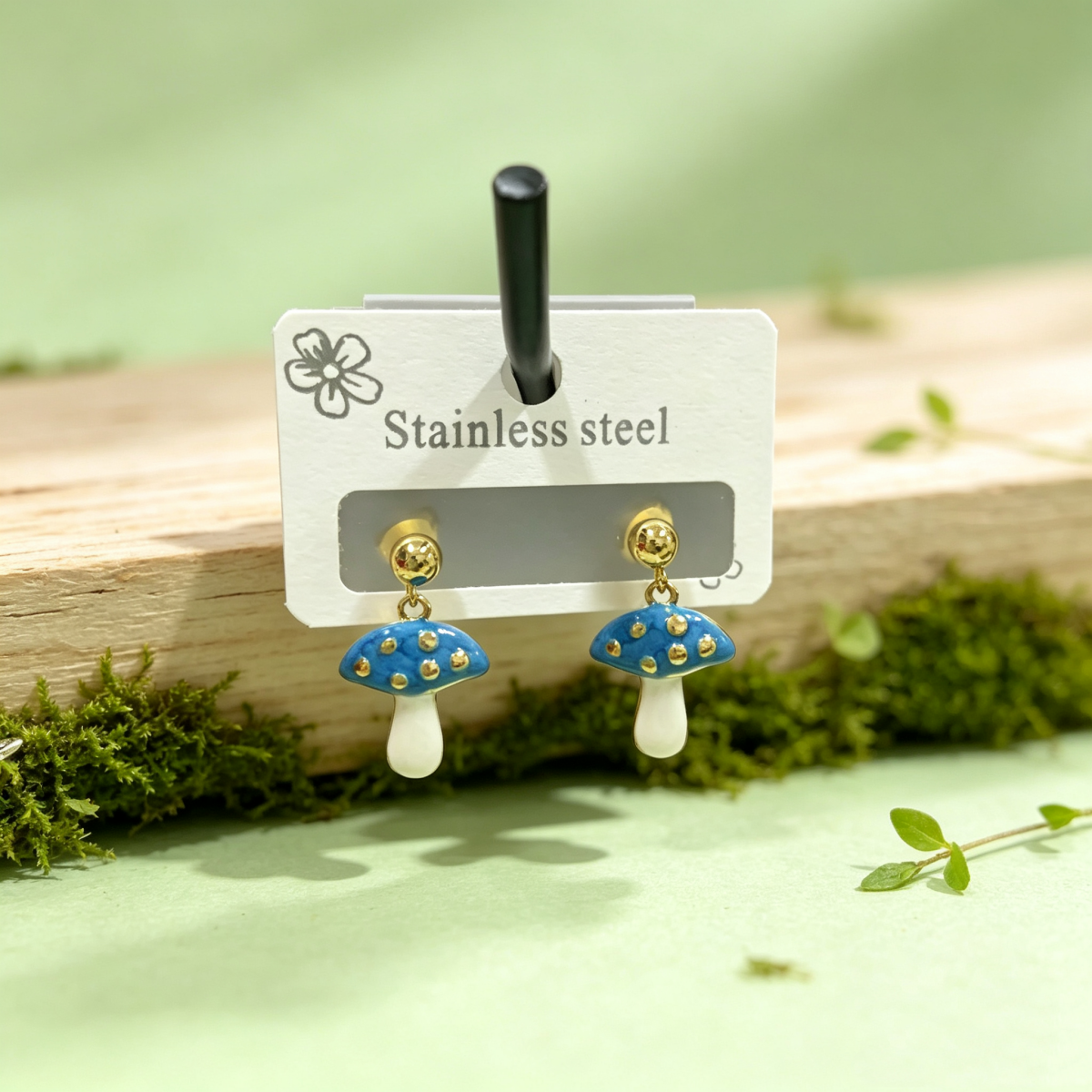 Hypoallergenic Mushroom Stud Earrings In Pastoral Style, Unisex 304 Stainless Steel With 18K Real Gold Plated Coating 0.03µm-0.05µm