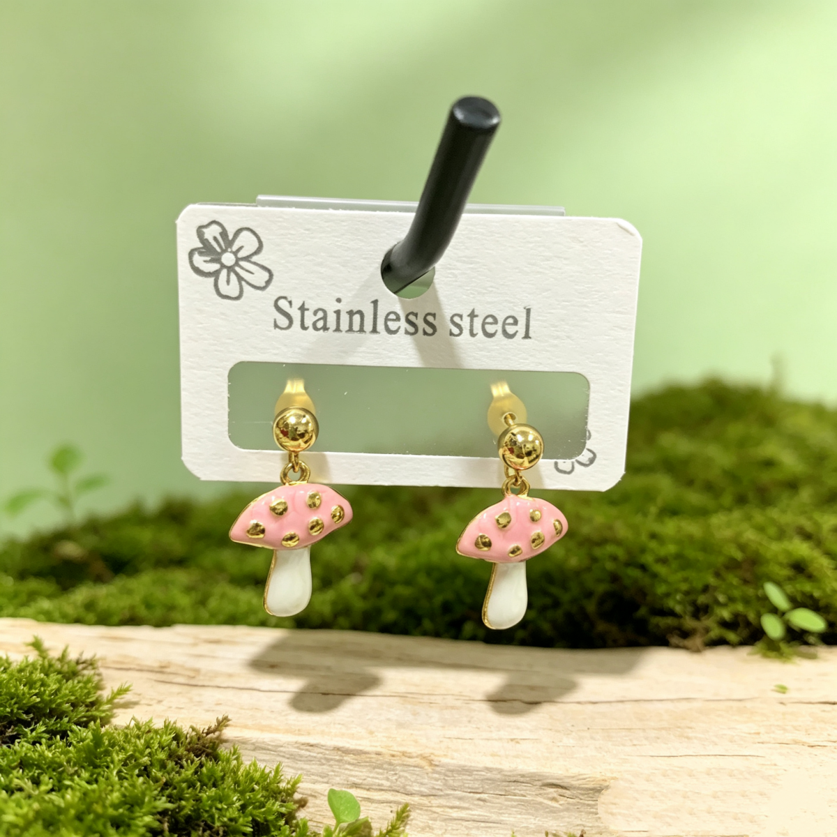 Hypoallergenic Mushroom Stud Earrings In Pastoral Style, Unisex 304 Stainless Steel With 18K Real Gold Plated Coating 0.03µm-0.05µm