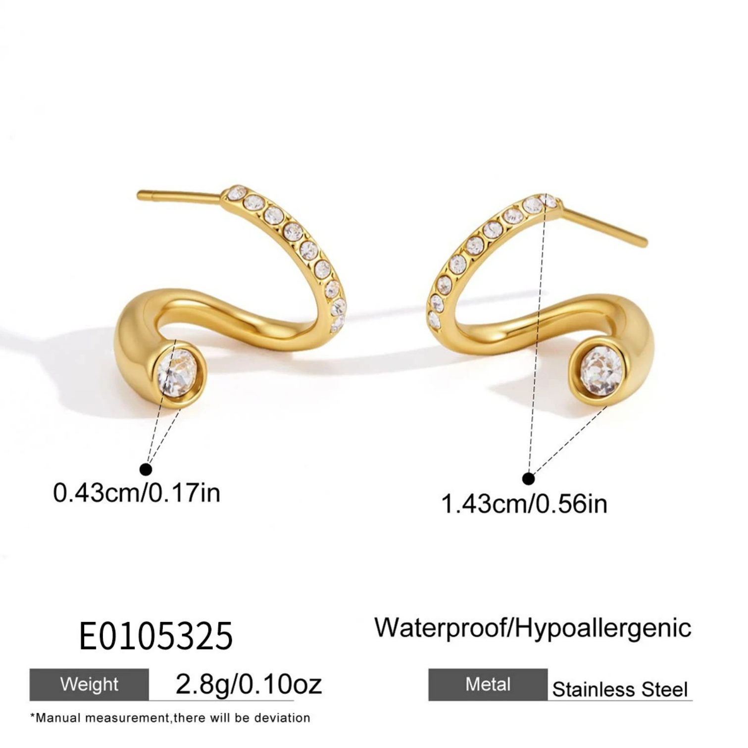 Geometric Hypoallergenic Stud Earrings For Women In 304 Stainless Steel With 18K Real Gold PVD Coating And Zircon Inlay