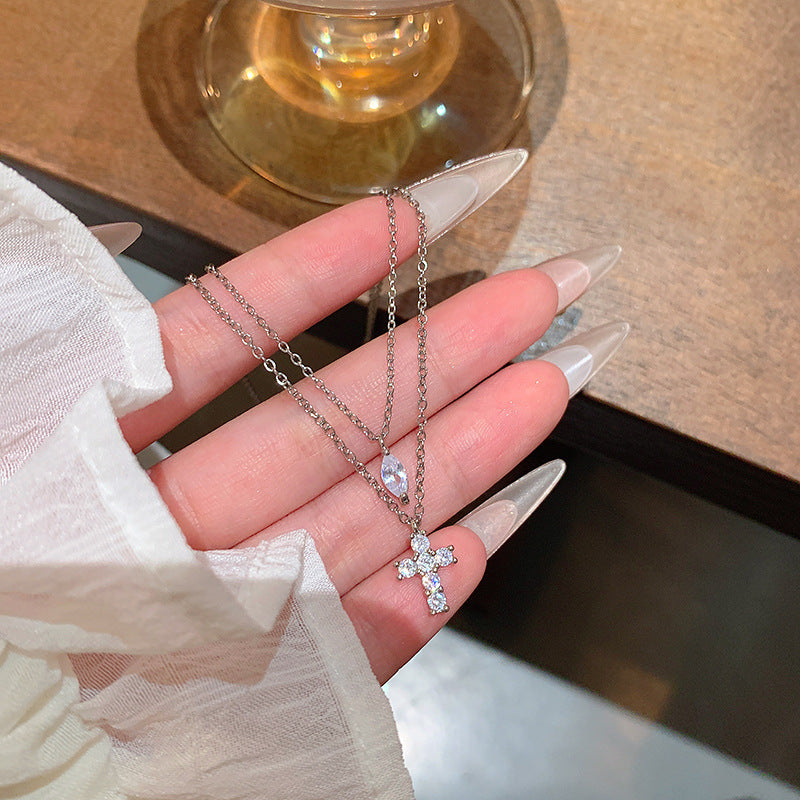 New Style Double Layer Cross Necklace For Women In Silver With Titanium Steel And Copper Pendant Featuring Zircon Inlay
