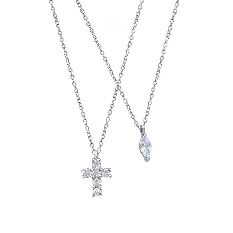 New Style Double Layer Cross Necklace For Women In Silver With Titanium Steel And Copper Pendant Featuring Zircon Inlay