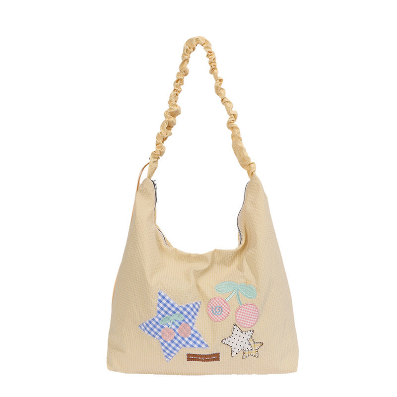 Dumpling Shape Shoulder Bag With Embroidery Pattern, Made Of Polyester, Featuring Single Shoulder Strap, Ideal For Spring