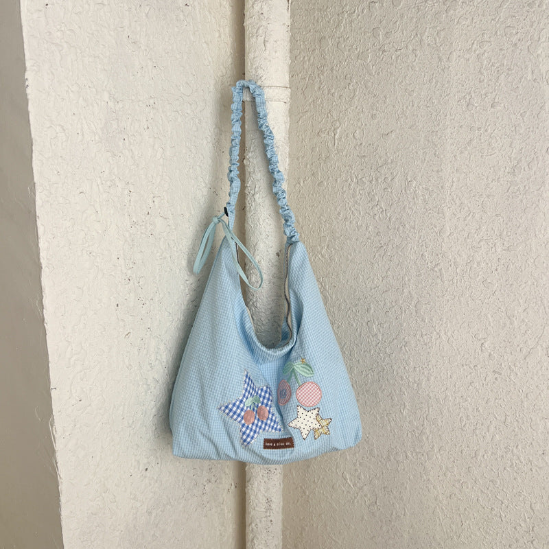 Dumpling Shape Shoulder Bag With Embroidery Pattern, Made Of Polyester, Featuring Single Shoulder Strap, Ideal For Spring