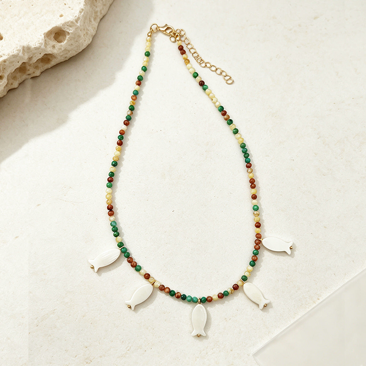 Bohemian Multicolor Fish Necklace With Shell Pendant And Beaded Chain, Unisex Jewelry