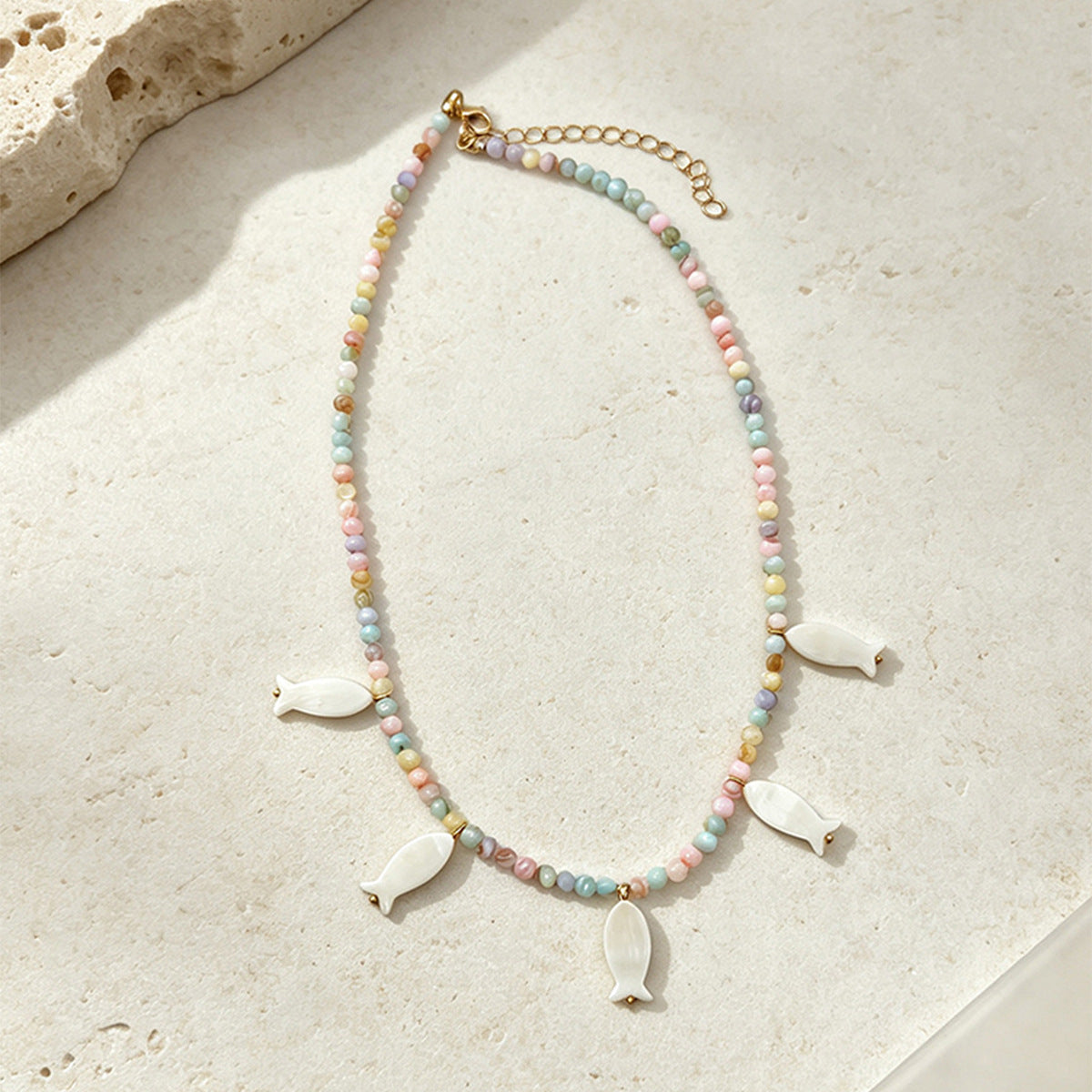 Bohemian Multicolor Fish Necklace With Shell Pendant And Beaded Chain, Unisex Jewelry