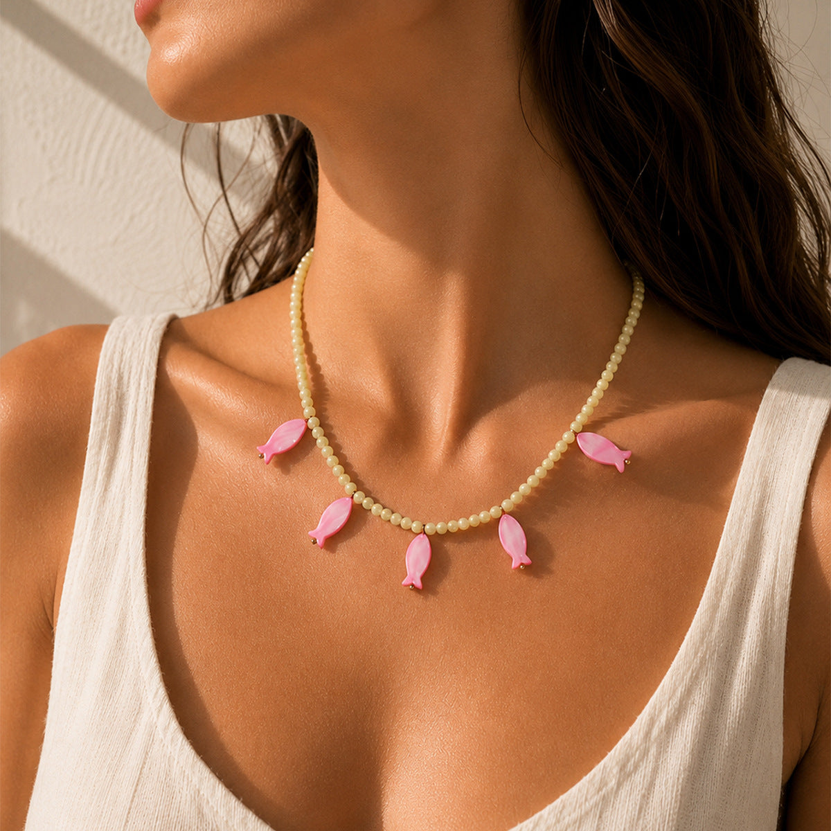 Bohemian Multicolor Fish Necklace With Shell Pendant And Beaded Chain, Unisex Jewelry