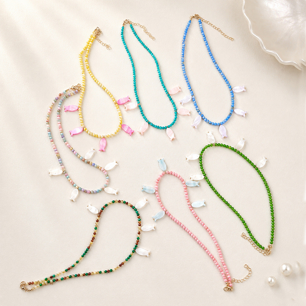 Bohemian Multicolor Fish Necklace With Shell Pendant And Beaded Chain, Unisex Jewelry
