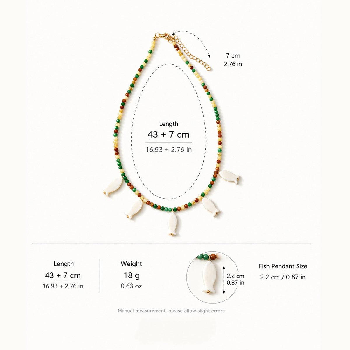 Bohemian Multicolor Fish Necklace With Shell Pendant And Beaded Chain, Unisex Jewelry