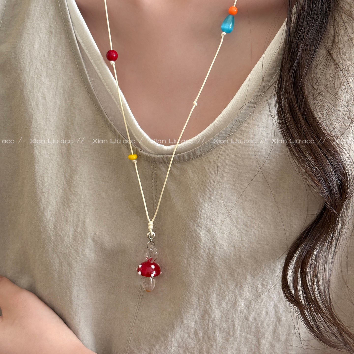 Multicolor Mushroom Beaded Chain Long Necklace For Women Featuring Mixed Materials Craft Beading