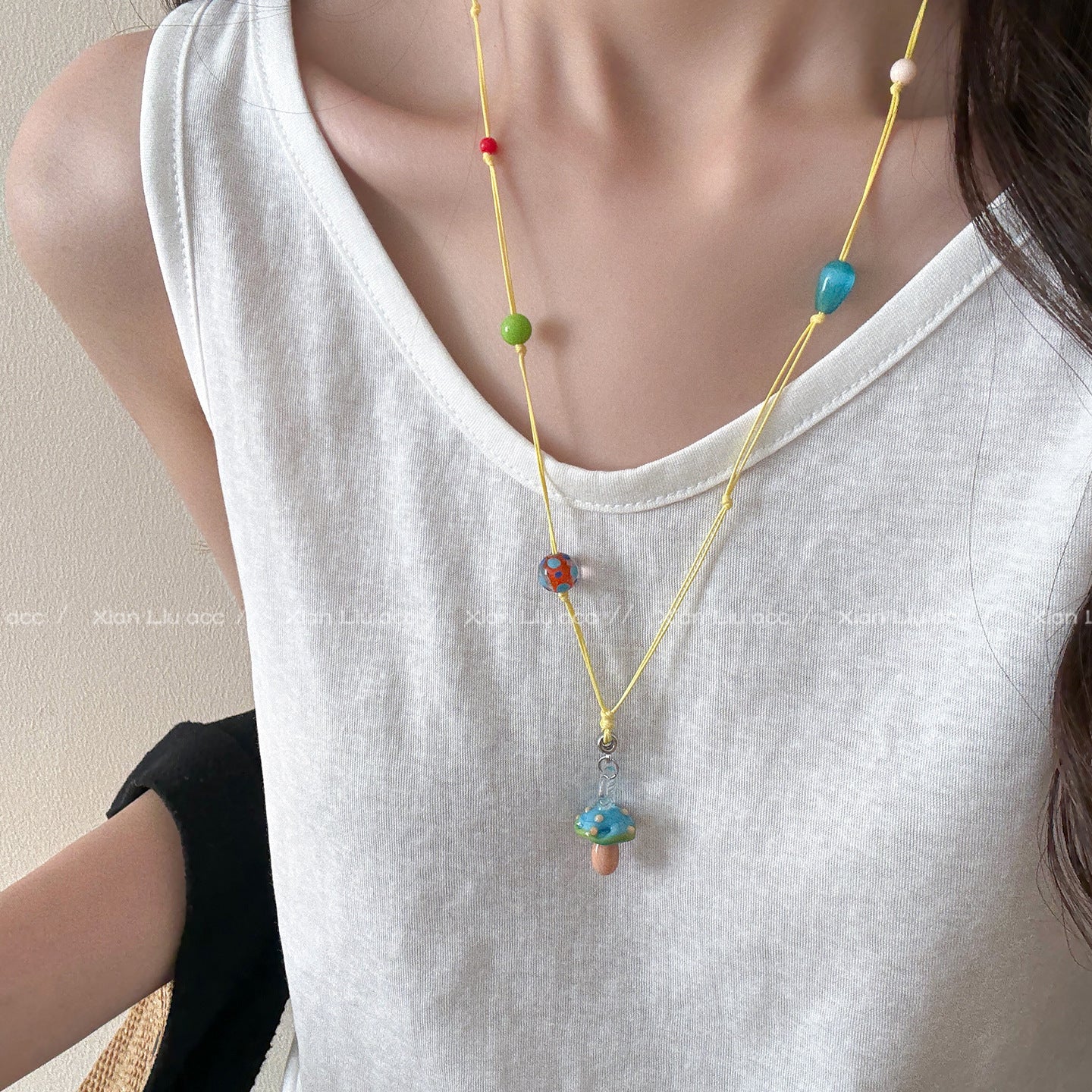 Multicolor Mushroom Beaded Chain Long Necklace For Women Featuring Mixed Materials Craft Beading