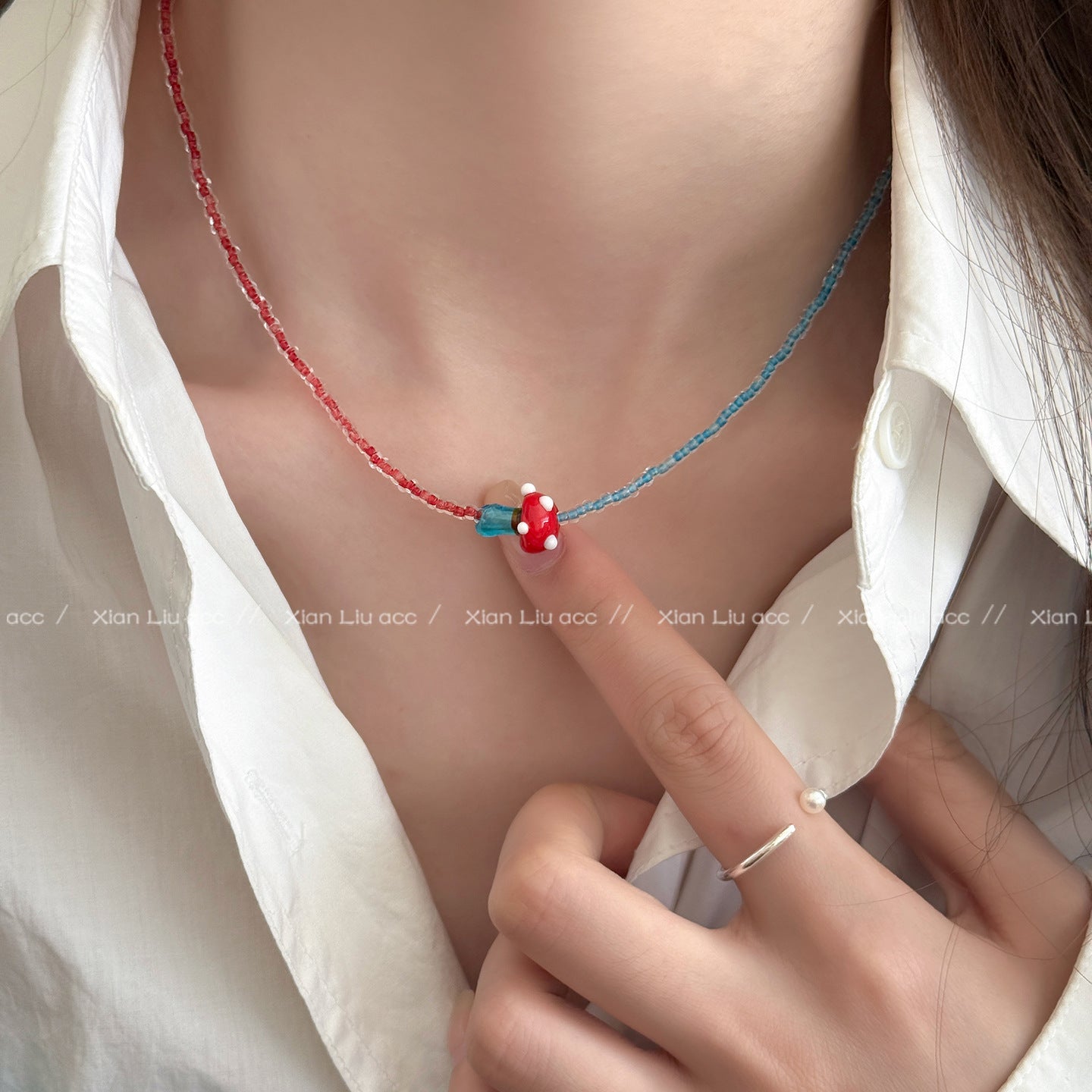 Multicolor Mushroom Beaded Chain Long Necklace For Women Featuring Mixed Materials Craft Beading