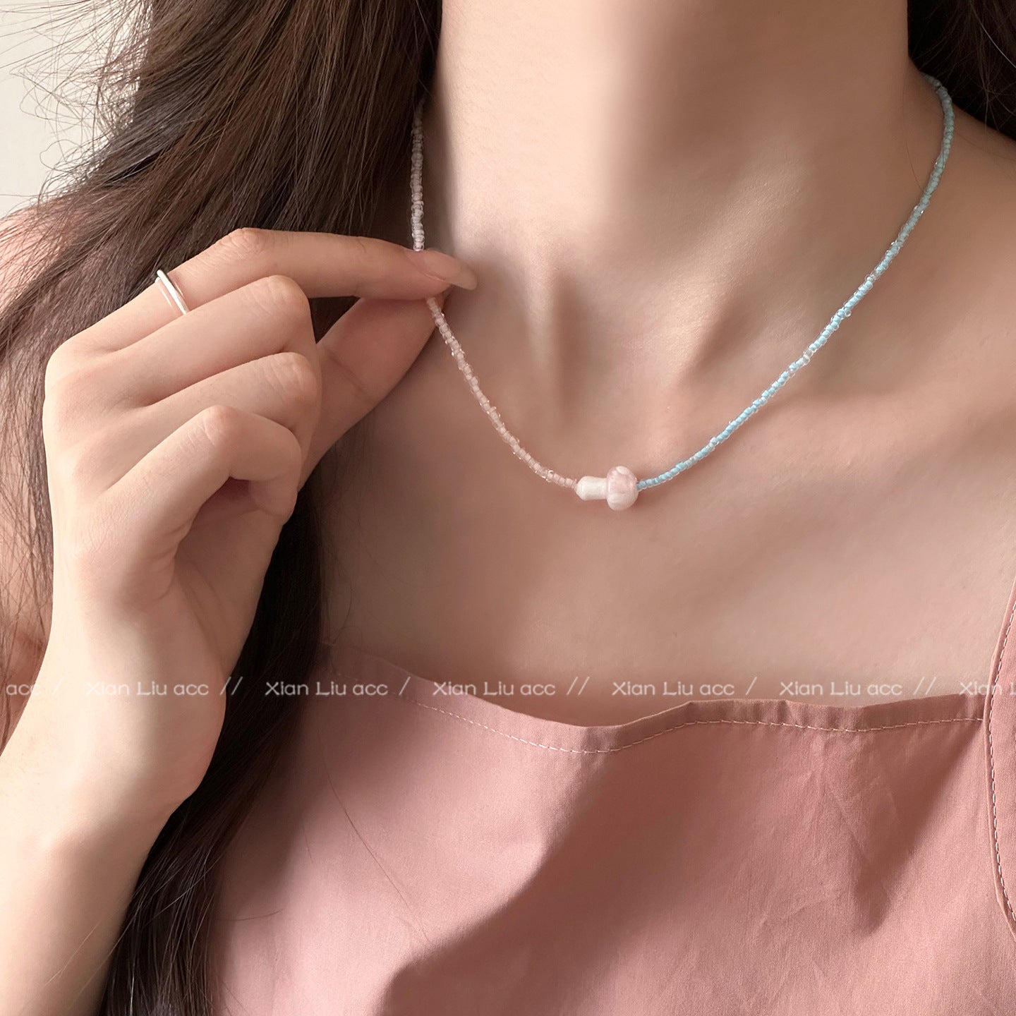 Multicolor Mushroom Beaded Chain Long Necklace For Women Featuring Mixed Materials Craft Beading