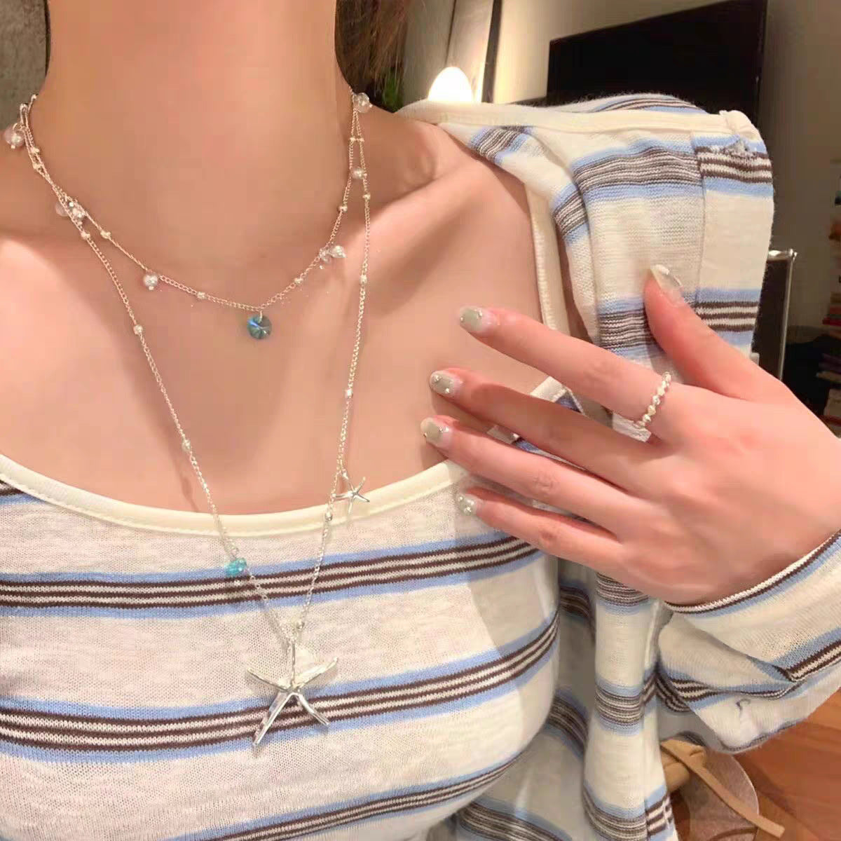 Starfish Marine Style Necklace For Women With Blue Alloy Pendant And Zircon Inlay